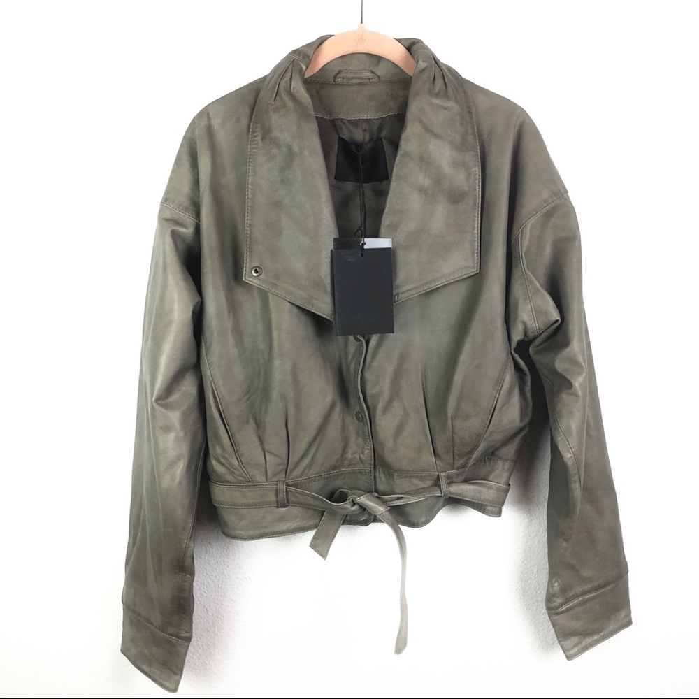 Gestuz Leather Moto Style Jacket, Green, Tie Belt
